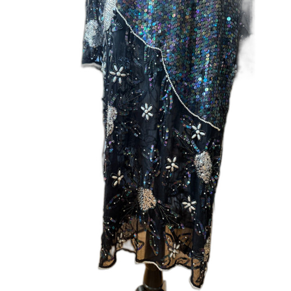 Vintage Black Beaded Silk Midi Dress Size M Embellished Minor Repair Needed - Picture 8 of 9